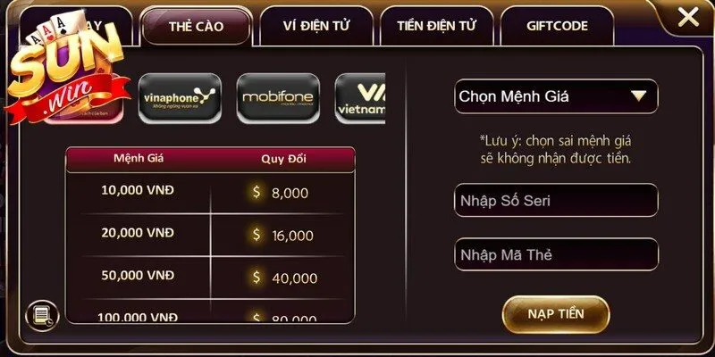 Mọi thông tin nạp phải khớp hoàn toàn với hồ sơ đã đăng ký